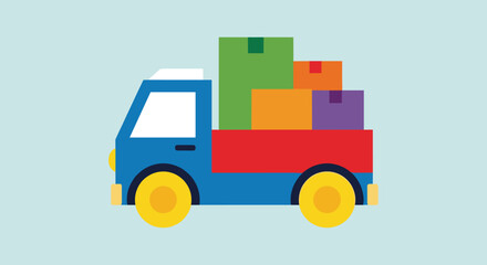 Naklejka premium Blue delivery truck with a red bed carrying several colorful gift boxes and parcels is depicted on a bright light blue background.