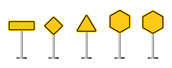 Blank Signposts: A collection of five yellow signposts with various shapes stands ready to convey information, symbolizing guidance and direction. © SHUVO