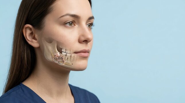 Anatomical illustration of a dental cyst in the lower jawbone of a young adult woman wearing medical scrubs