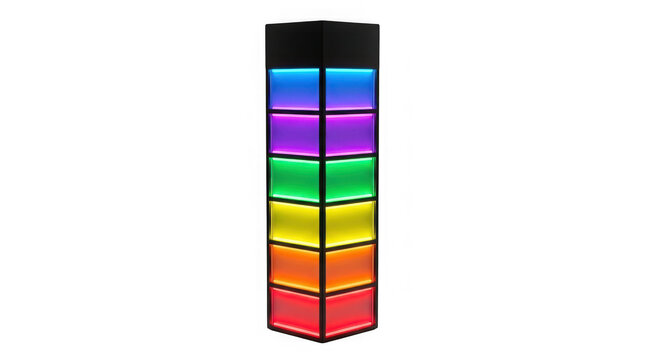 Glowing rainbow led pillar tower with colorful spectrum lighting on isolated space.