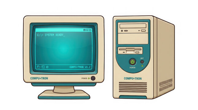 Retro desktop computer set with crt monitor and tower case showing system prompt.