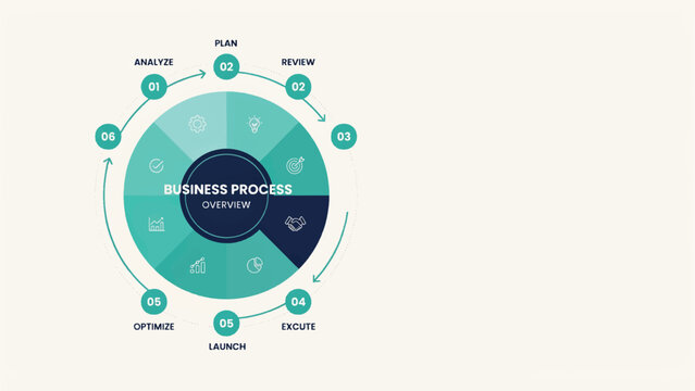 Business process overview circular diagram showing six key stages analyze plan review execute launch optimize