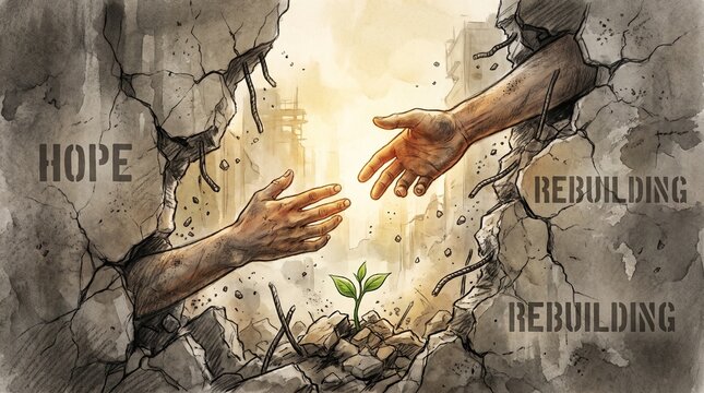 Conceptual image of human hands reaching out from ruins with growing green plant