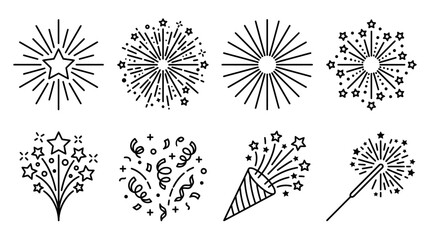 Obraz premium Set of linear fireworks and sparkler icons with stars and confetti for celebration and festive party design