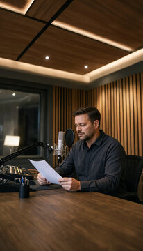 Man sitting at wooden desk reading script for podcast recording in professional broadcast studio with microphone recording broadcast professional production communication announcer