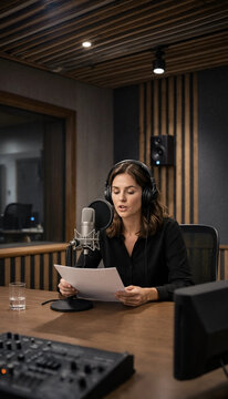 Young woman speaking into microphone reading document during podcast recording session in sound studio with microphone recording broadcast professional production communication announcer