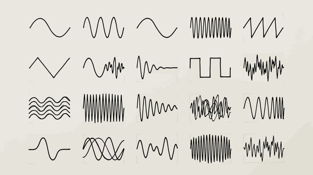 Set of abstract waveform line icons representing audio waves and signal oscillations on light background
