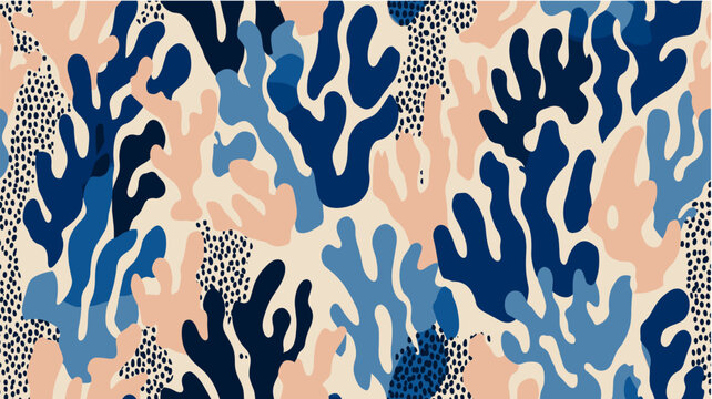Abstract organic pattern featuring marine botanical shapes. Seamless repeating organic pattern depicting abstract shapes in blue and peach tones on a light background