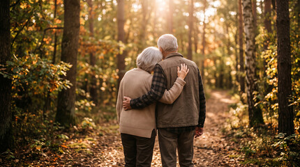 Fototapeta premium senior couple walking in autumn park. A heartwarming photograph of an elderly couple embracing while standing together in a peaceful forest during golden hour.