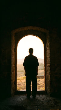 Silhouette of man standing in dark stone arch looking at bright nature landscape, new hope and future concept