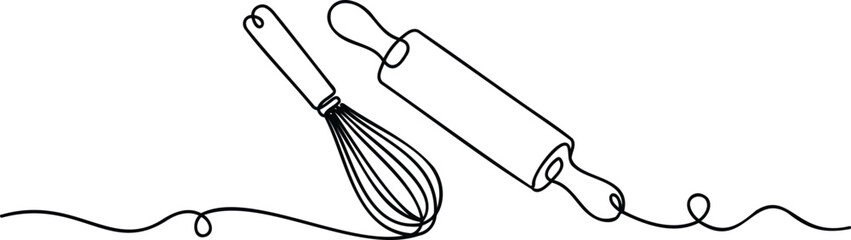 Obraz premium Minimalist continuous line of a whisk and rolling pin on a white background, baking cooking kitchen utensil