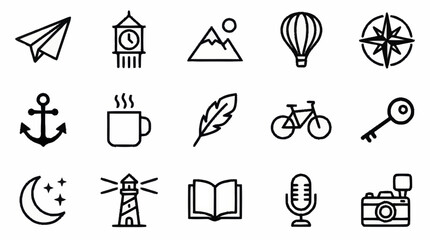 Minimalist black line icons for travel and lifestyle themes. © Afro