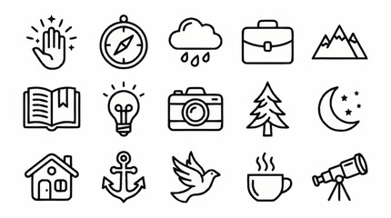 Collection of minimalistic line art icons for various themes. © Afro