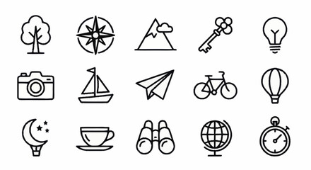 Minimalist line art icons for travel and adventure themes. © Afro