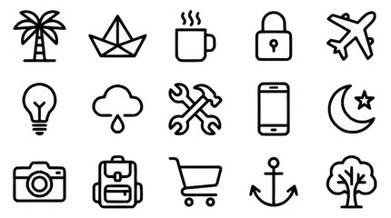Minimalist black line icons set for various themes. © Afro