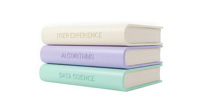 Stack of three pastel books about user experience algorithms data science