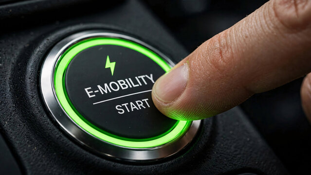 Finger pressing an e-mobility start button inside a car dashboard, featuring a glowing green ring and lightning bolt icon for sustainable transport technology.