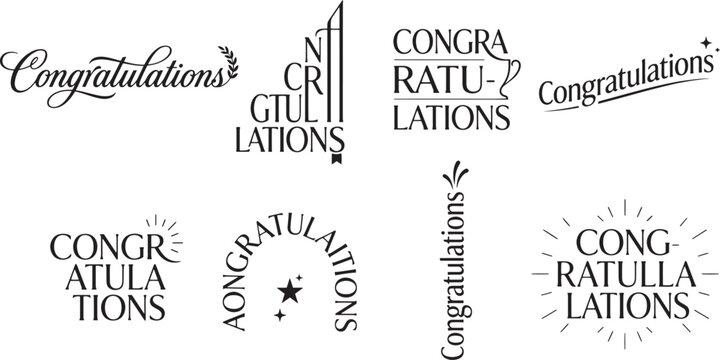 Congratulations typography lettering icon set with creative and elegant decorative text layouts