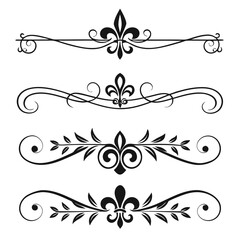 Set of four black ornate fleur de lis decorative dividers, elegant vintage scroll and leaf design elements, isolated vector graphic borders for text. © cu