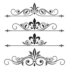 Elegant fleur de lis dividers for text decoration, set of four ornate scroll and filigree design elements, black vintage borders on white background. © cu
