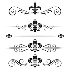 Collection of four black ornate fleur de lis decorative dividers, vintage scroll and line design elements, vector graphic borders on white background. © cu