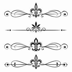 Assortment of four black ornate fleur de lis decorative dividers, elegant scroll and line design elements, vector graphic borders for text adornment. © cu