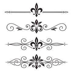 Set of four elegant fleur de lis decorative dividers, vintage scroll and line design elements, black ornate vector graphic borders on white background. © cu