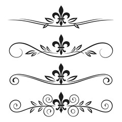 Collection of artistic fleur de lis dividers with botanical leaf accents and elegant scrolls created for professional stationary design projects and luxury printable invitations or menu layouts. © cu