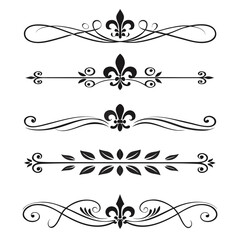 Assorted fleur de lis decorative dividers featuring elegant botanical flourishes and scrollwork designs for professional invitation card layouts or classic wedding stationery and typography project. © cu