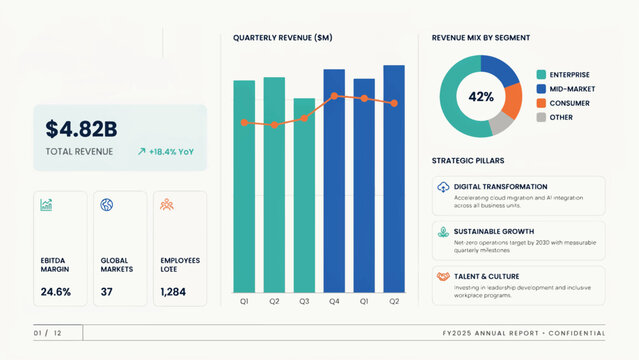 Company Financial Report Showing Total Revenue Growth Quarterly Performance And Strategic Business Pillars