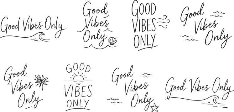 Good vibes only typography lettering icon set with creative summer beach hand drawn quotes