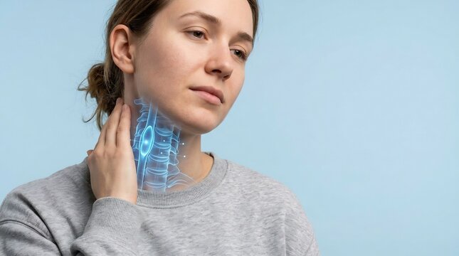 Young adult woman touching her neck with a digital 3D cervical spine overlay showing pain and discomfort