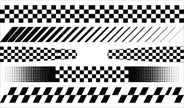 Racing checkered flag border set with speed lines, rally finish line patterns, motor sports decals, and checkerboard vector graphics
