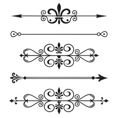 Ornate fleur de lis dividers and floral scroll arrows for luxury brand identity and vintage wedding invitation design featuring symmetrical filigree elements and elegant black vector art. © cu