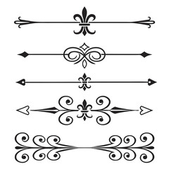 Set of black ornamental page rules, vintage text dividers with fleur de lis or abstract shapes, elegant antique borders, flourish filigree lines, classic decorative elements. © cu