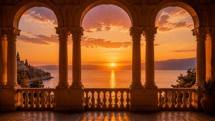 Fototapeta premium The sun sets over the water, casting orange and pink light through arches. Hills and buildings sit on the coast, creating a scenic view for people nearby.