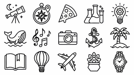 Collection of minimalistic line art icons for various themes. © Usman