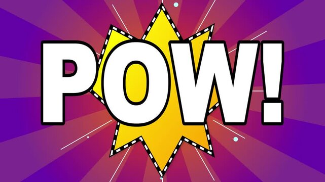 Animated comic book style sound effect POW! text in bold white font over a yellow starburst bubble and purple radial sunburst background for 4K retro pop art motion graphics.
