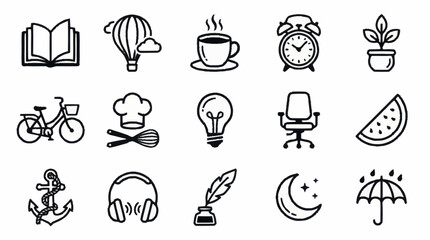 Collection of sixteen black line icons for various themes. © Usman