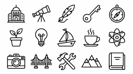Collection of minimalistic line art icons for various themes. © Usman