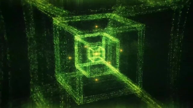 A nested 3D cube structure formed from thousands of glowing green light-point particles.