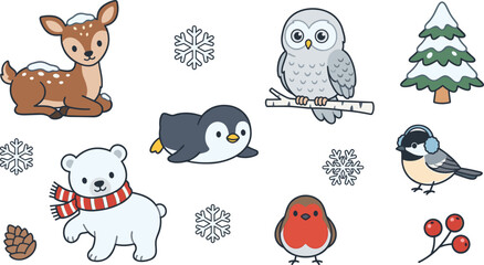 Cute Winter Animals Vector Icon Set with Polar Bear Deer Snowy Owl Penguin Birds Pine Tree and Snowflakes for Holiday Greeting Card Designs © Ismail