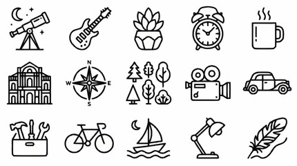 Collection of minimalistic line art icons for various themes. © Tata