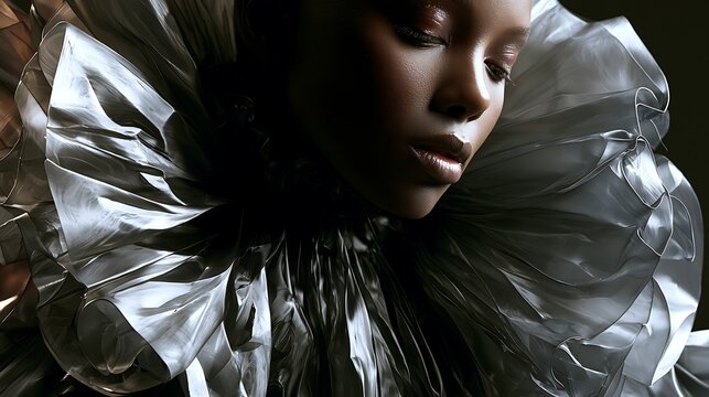 Prompt: A close-up fashion portrait. A model wears an oversized ruff collar made of translucent, smoke-grey liquid silicone that stretches and sags downwards, casting a heavy shadow on her neck. 