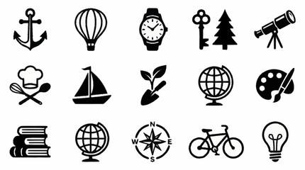 Collection of black and white icons representing various themes. © Tata