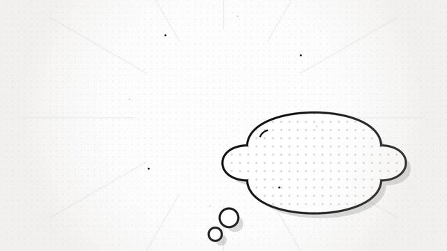 Minimalist black and white thought bubble icon on a light gray dotted background with subtle radial burst lines, ideal for communication, thinking, and messaging concepts.