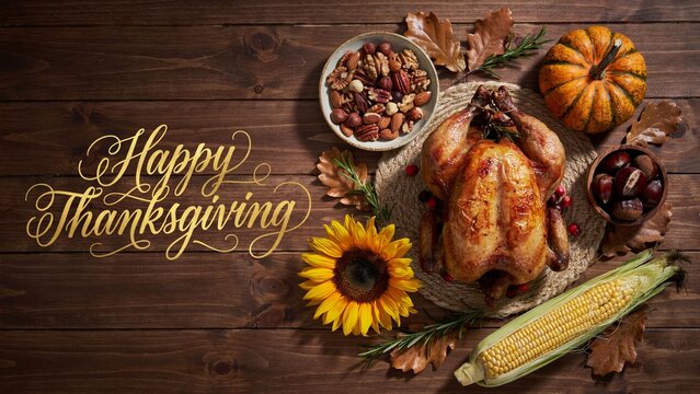 Happy thanksgiving feast roasted turkey pumpkin nuts corn on rustic wooden table holiday dinner