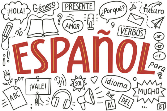 Espanol. Spanish hand drawn language doodle and lettering on white background.
