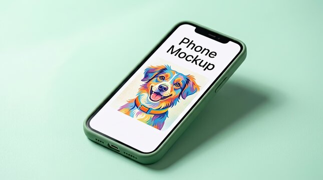 Realistic phone mockup displaying colorful dog portrait perfect for app design presentation