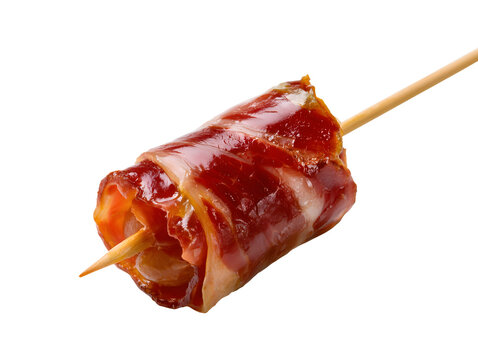 Prosciutto wrapped melon appetizer on a wooden skewer isolated on transparent or white background, png